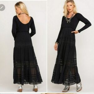 Free People Earth Angel Black Waffleknit Lace Maxi Dress Sz M Boho Gothic